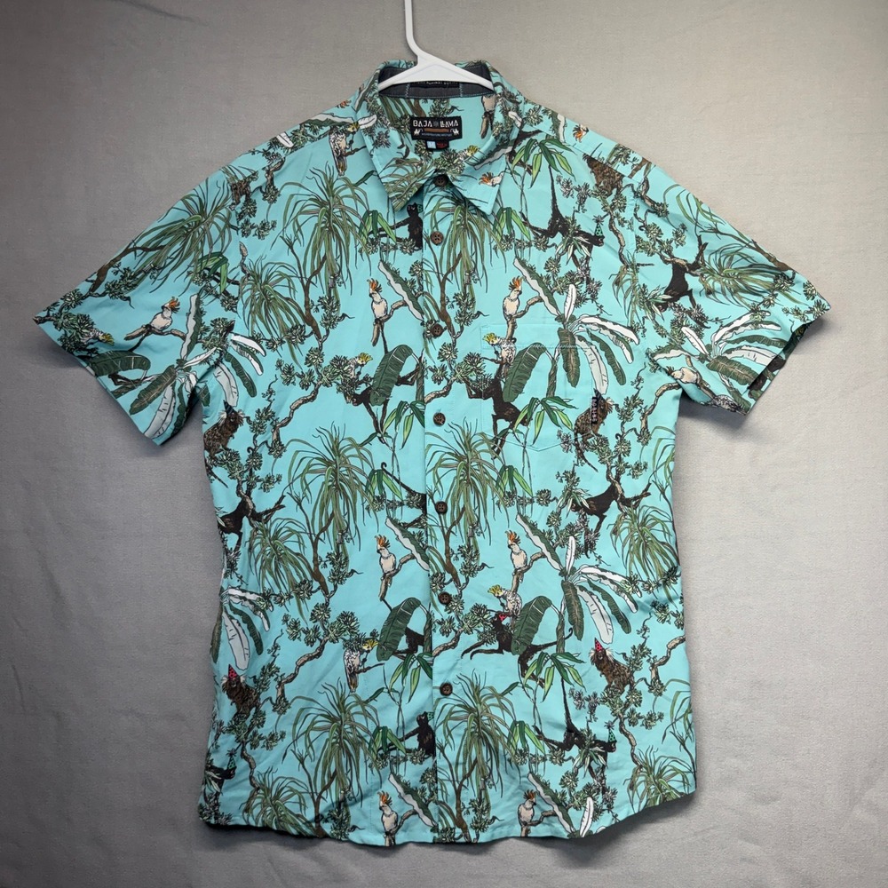 Baja Llama Monkey Party Button Down Mens Medium Turquoise Tropical Jungle Shirt